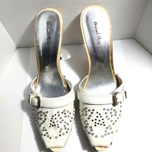 Michael Antonio Rhinestone Belted Wood White Silver Size 7 About 4" Heels